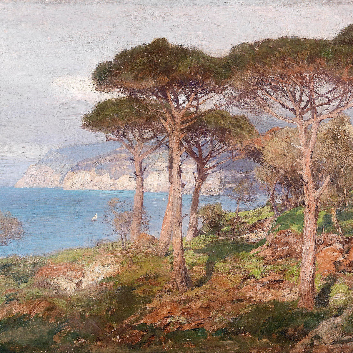 Coastal Pine Tree Landscape Oil Painting, Hand-Painted Seaside Scene