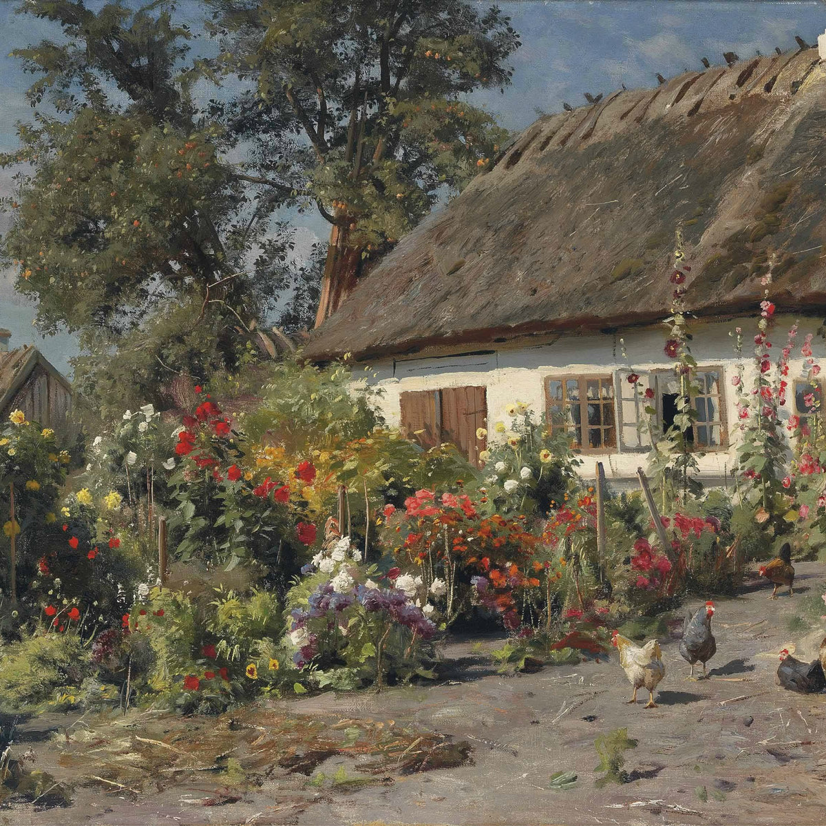 Floral Cottage Garden Landscape Oil Painting, Hand-Painted Scene