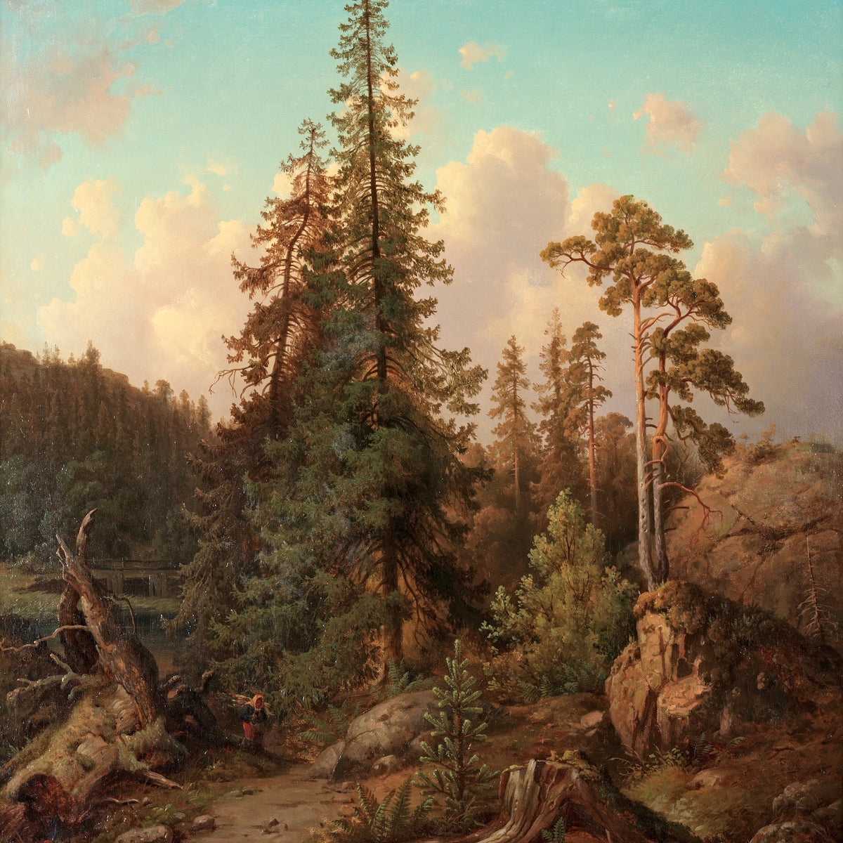 Pine Forest Landscape Oil Painting, Hand-Painted Woodland Scene