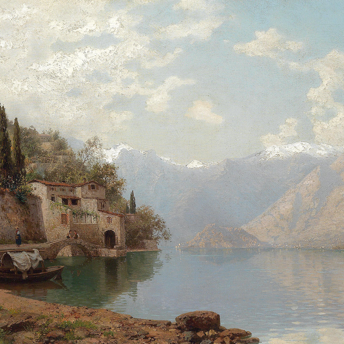 Mountain Lake Landscape Oil Painting, Hand-Painted European Scene