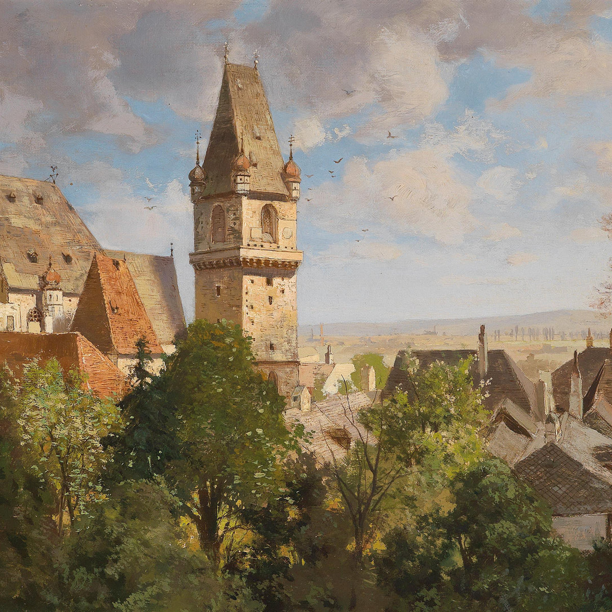 European Town Landscape Oil Painting with Church Tower, Hand Painted