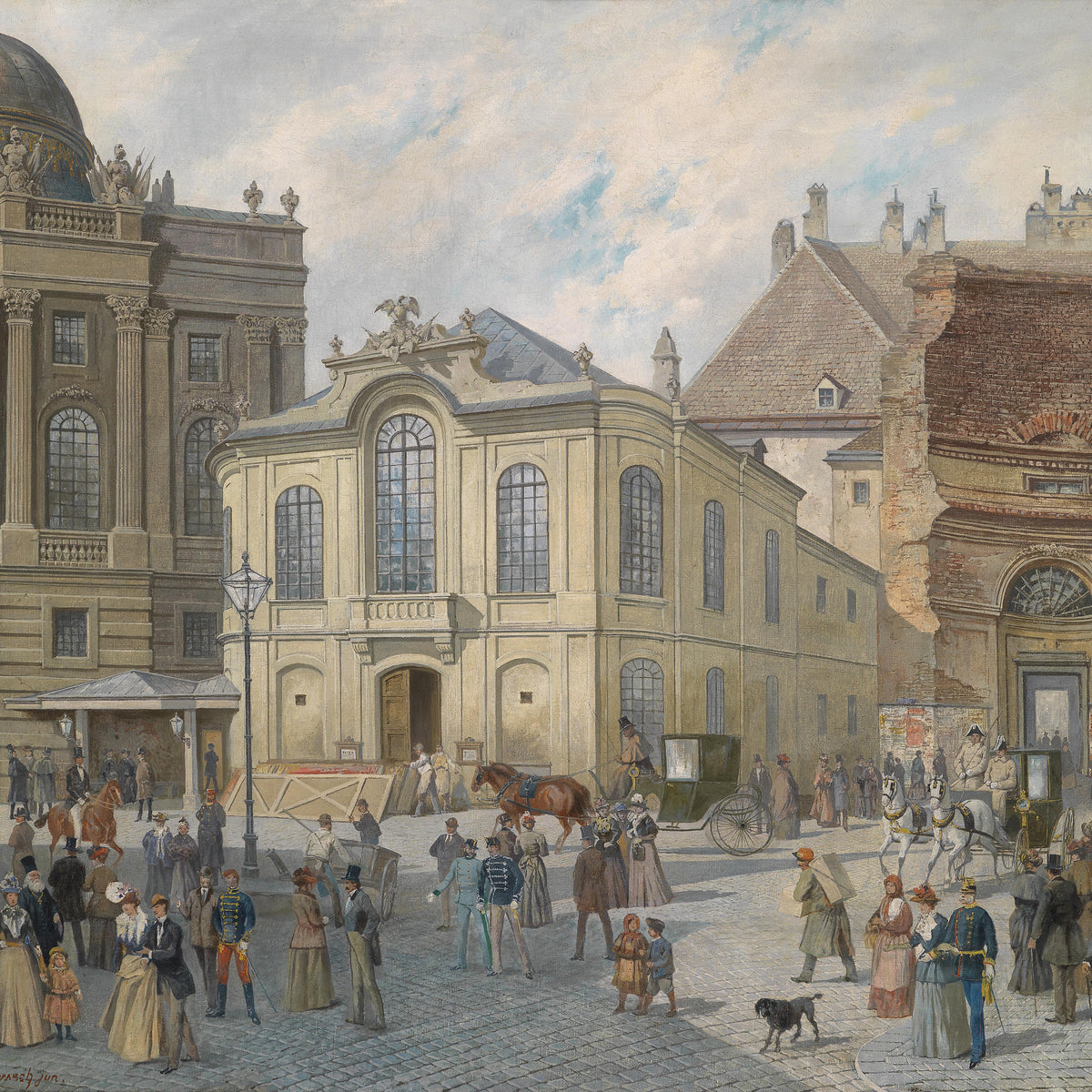 Ölgemälde einer europäischen Stadtplatzlandschaft mit Figuren und Kutschen