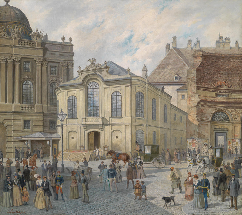 Ölgemälde einer europäischen Stadtplatzlandschaft mit Figuren und Kutschen