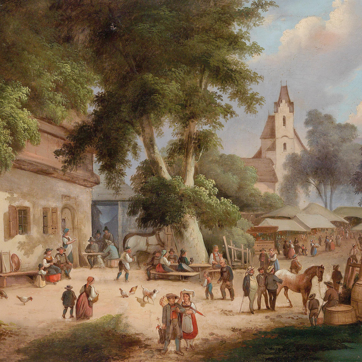 European Village Market Scene Oil Painting, Hand-Painted Landscape