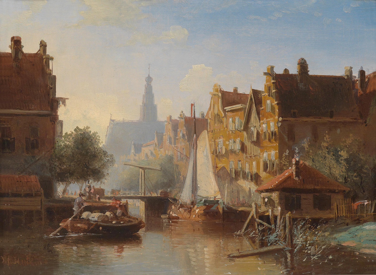 European Canal Cityscape Oil Painting, Hand-Painted River Scene