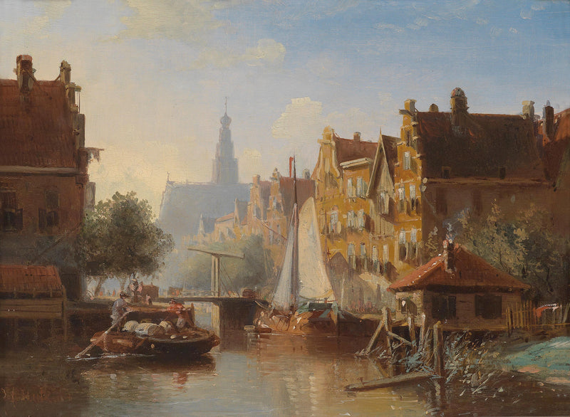 European Canal Cityscape Oil Painting, Hand-Painted River Scene