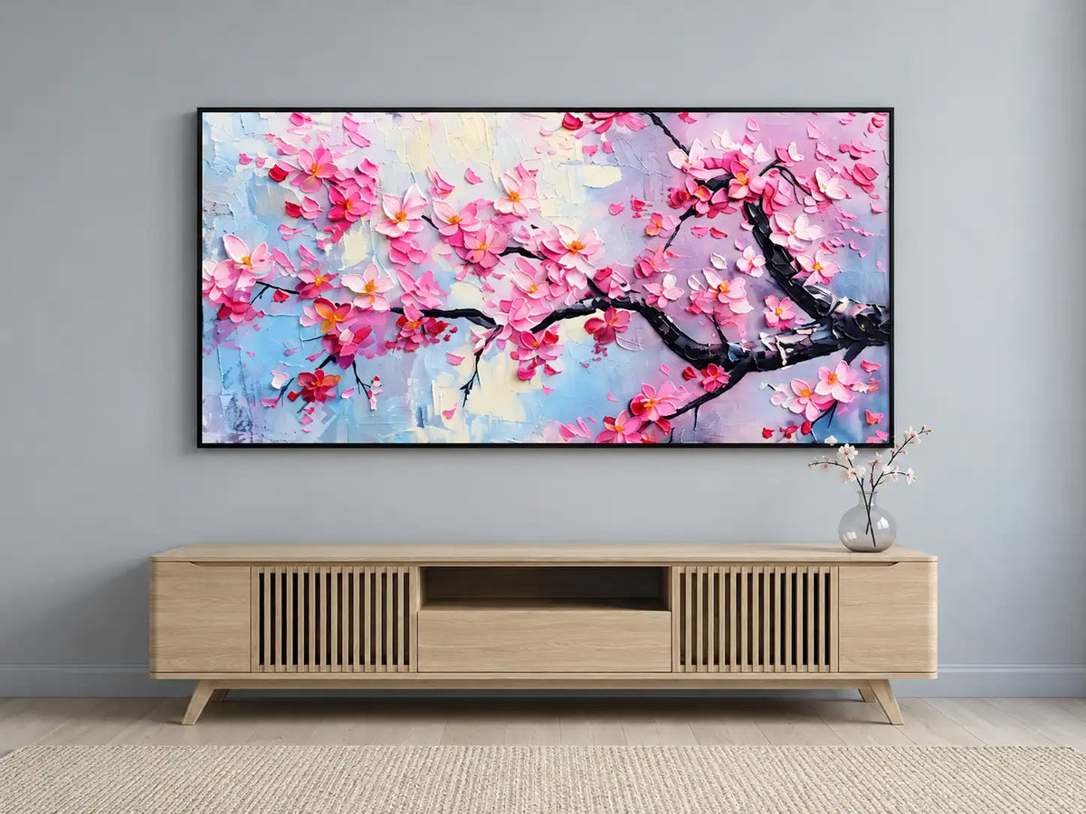 Dipinto a olio astratto - Decorazione da parete materica con fiori di ciliegio rosa
