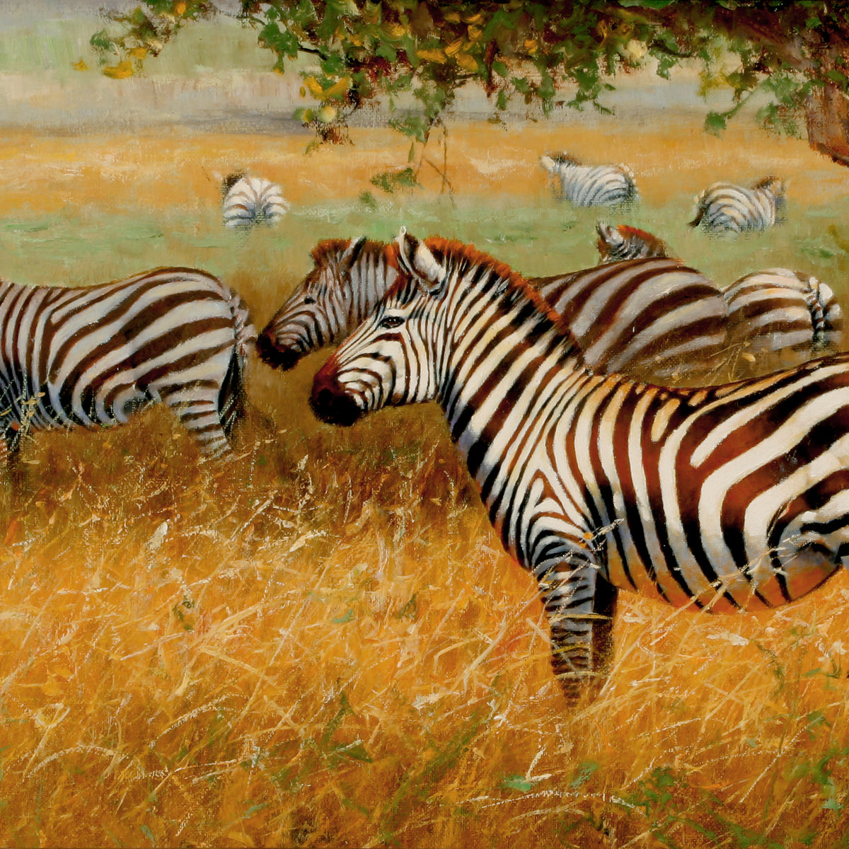 Animals Oil Painting - Hand-Painted Zebra Herd in Grass
