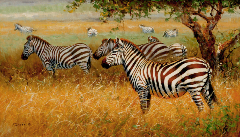 Animals Oil Painting - Hand-Painted Zebra Herd in Grass