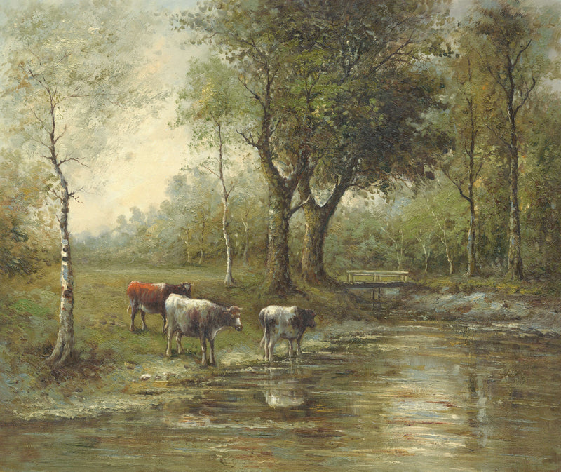 Landscape Oil Painting -Rural Stream Scene with Cows, Trees & Bridge