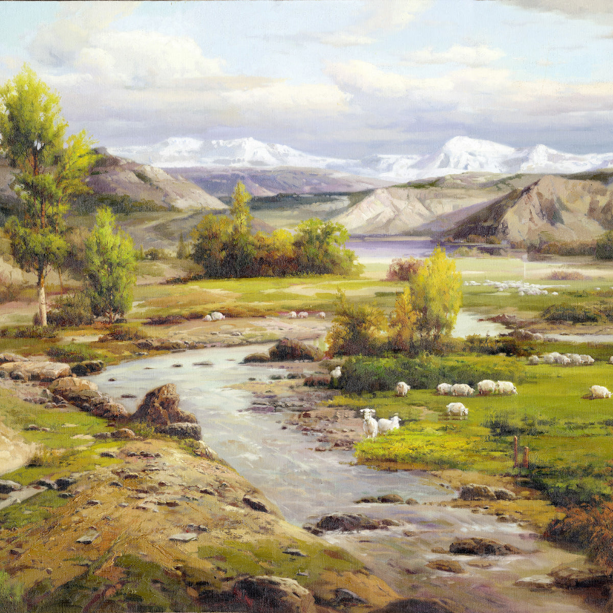 Landscape Oil Painting - Mountain Valley, Snow Peaks, River & Sheep Herd
