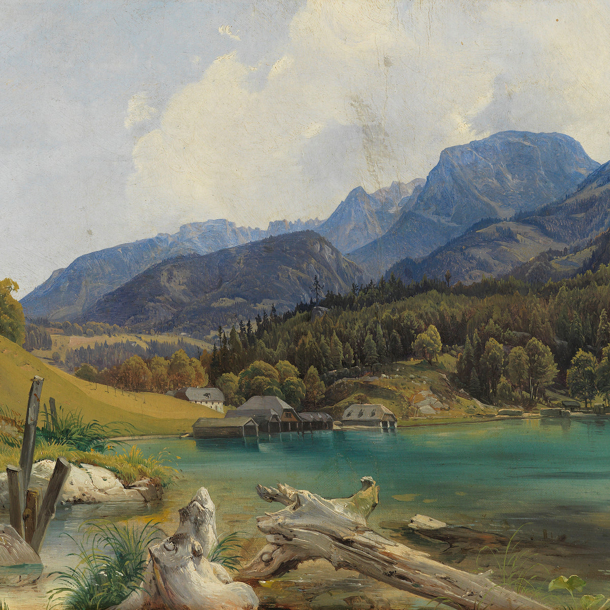 Mountain Lake with Alpine Village | Hand-Painted Landscape Oil Art