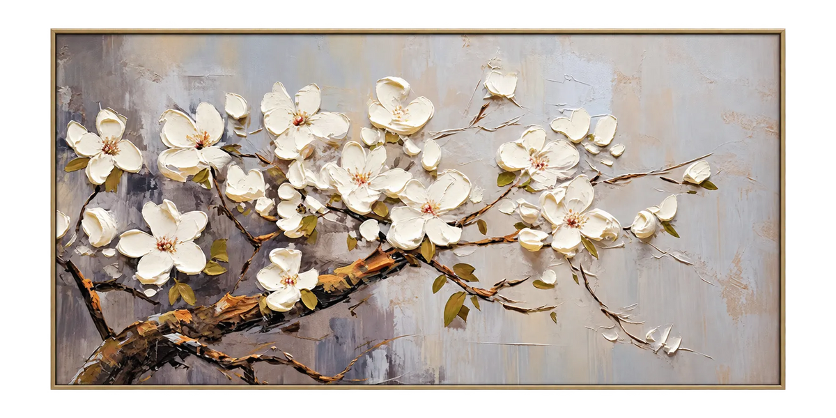 Abstract Oil Painting - White Magnolia Blossoms Textured Wall Art