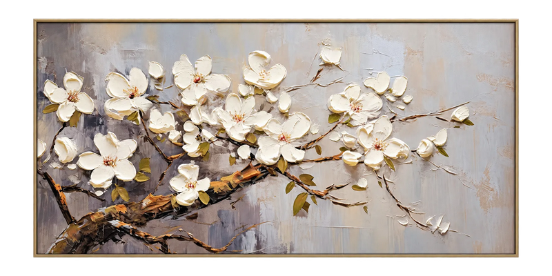 Abstract Oil Painting - White Magnolia Blossoms Textured Wall Art