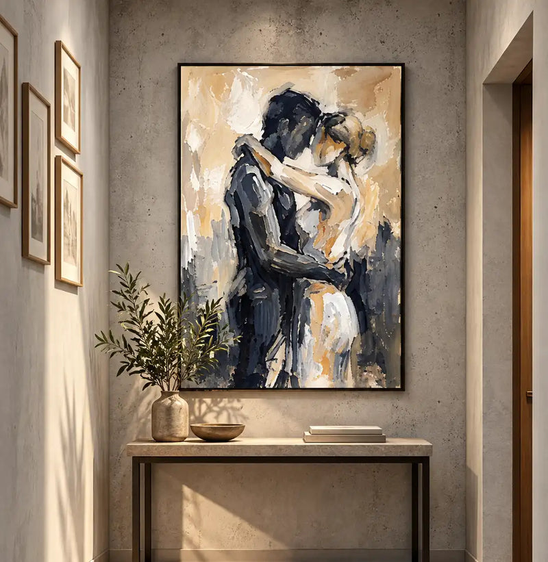 Abstract Oil Painting - Romantic Couple Embrace Textured Wall Art