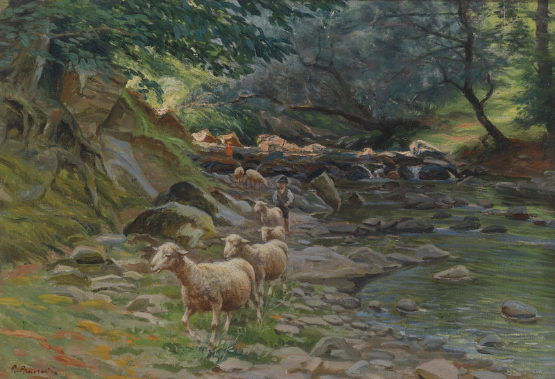 Sheep by Forest Stream | Hand-Painted Landscape Oil Painting