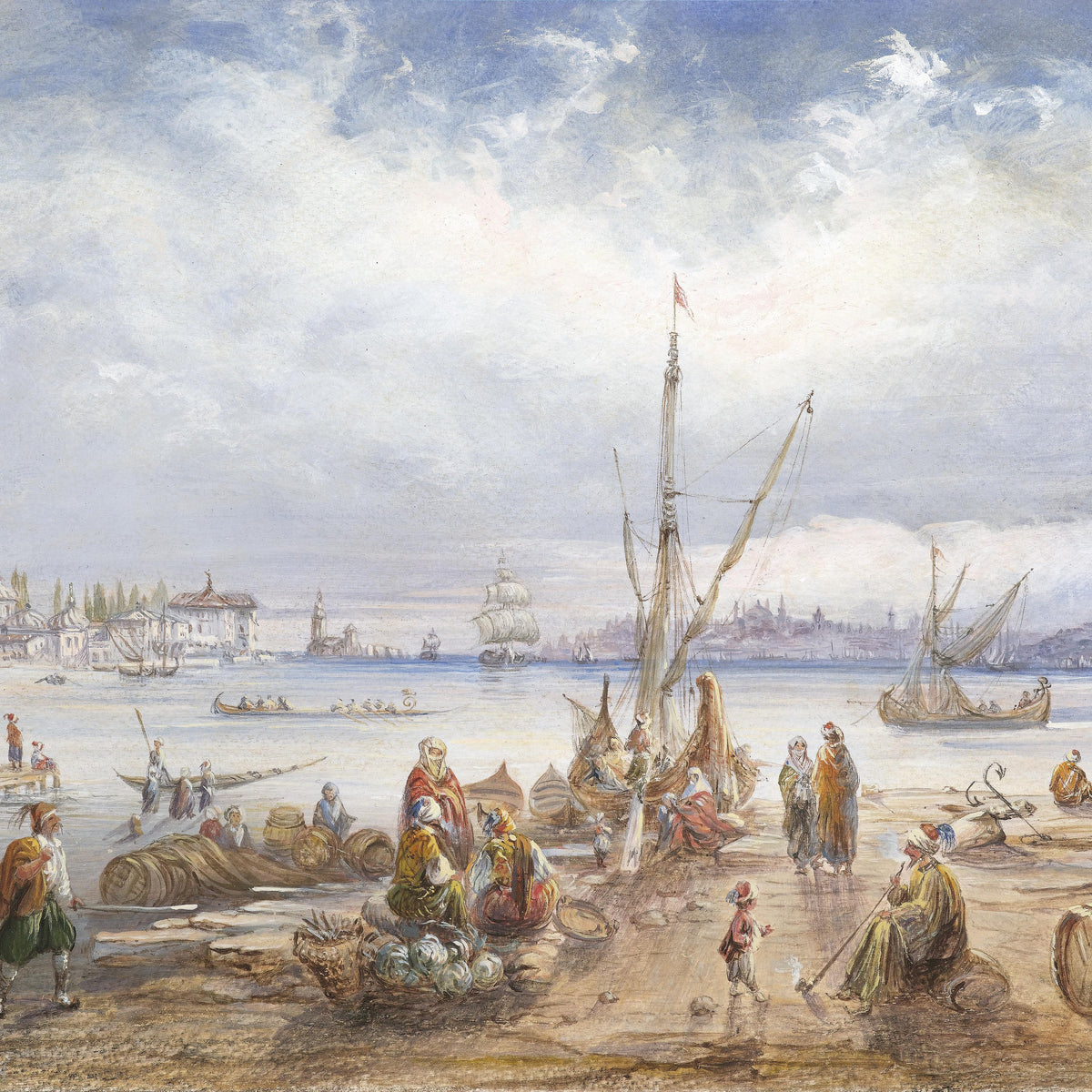 Harbor Market Scene | Hand-Painted Landscape Oil Painting