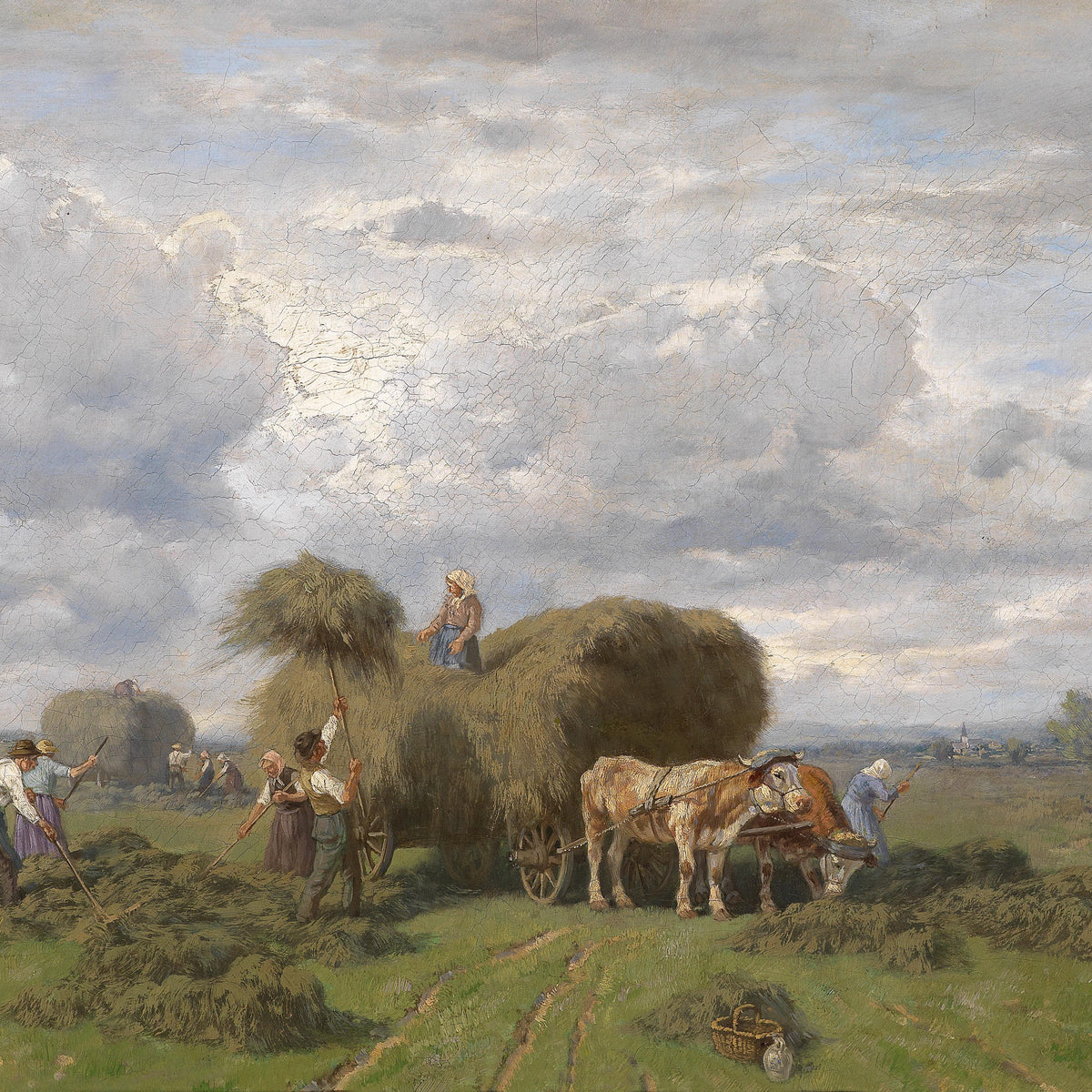 European Rural Harvest Landscape Oil Painting with Farmers