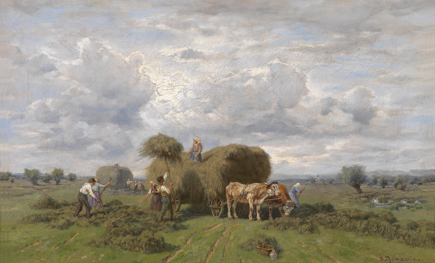 European Rural Harvest Landscape Oil Painting with Farmers