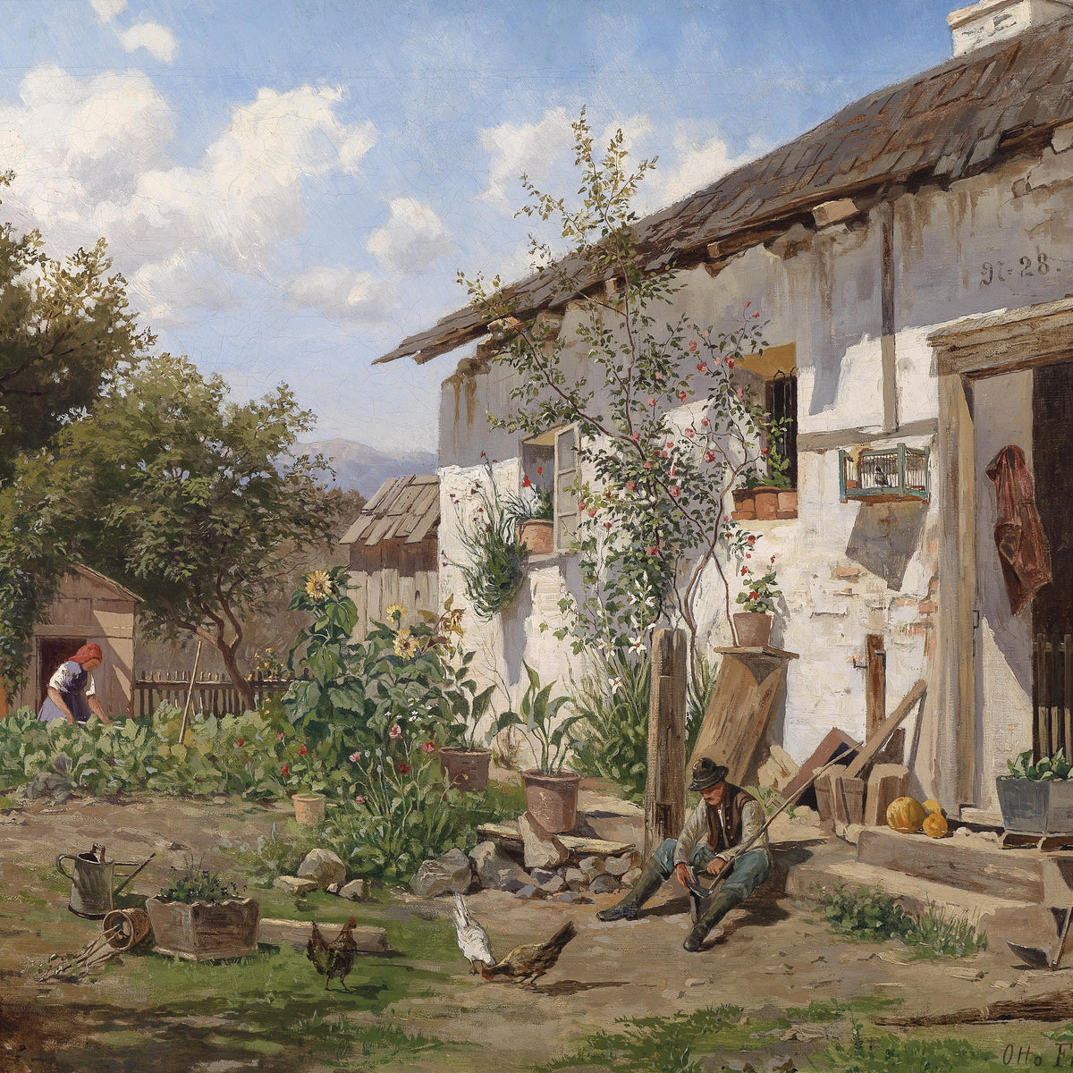 Country Courtyard with Figures | Hand-Painted Landscape Oil Painting