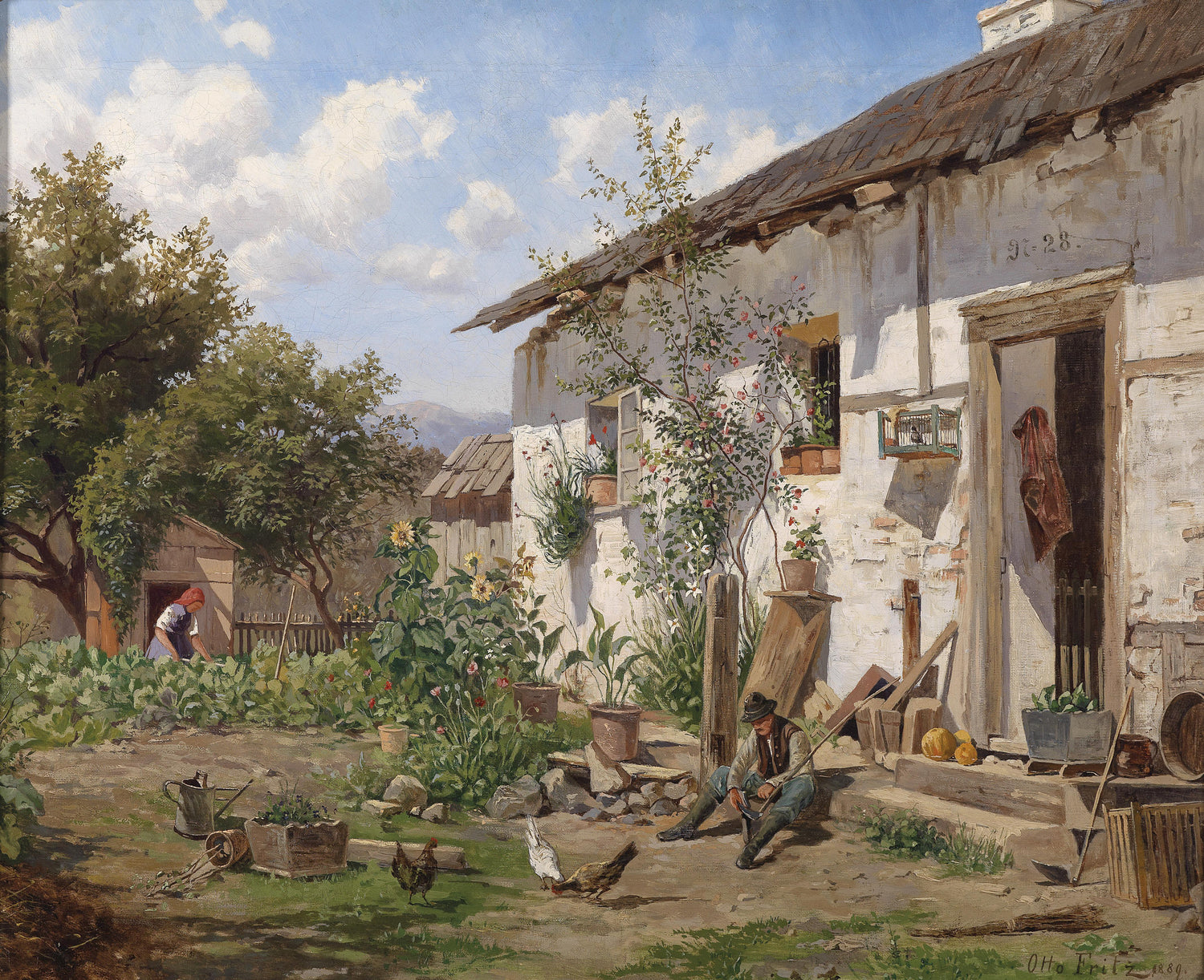 Country Courtyard with Figures | Hand-Painted Landscape Oil Painting