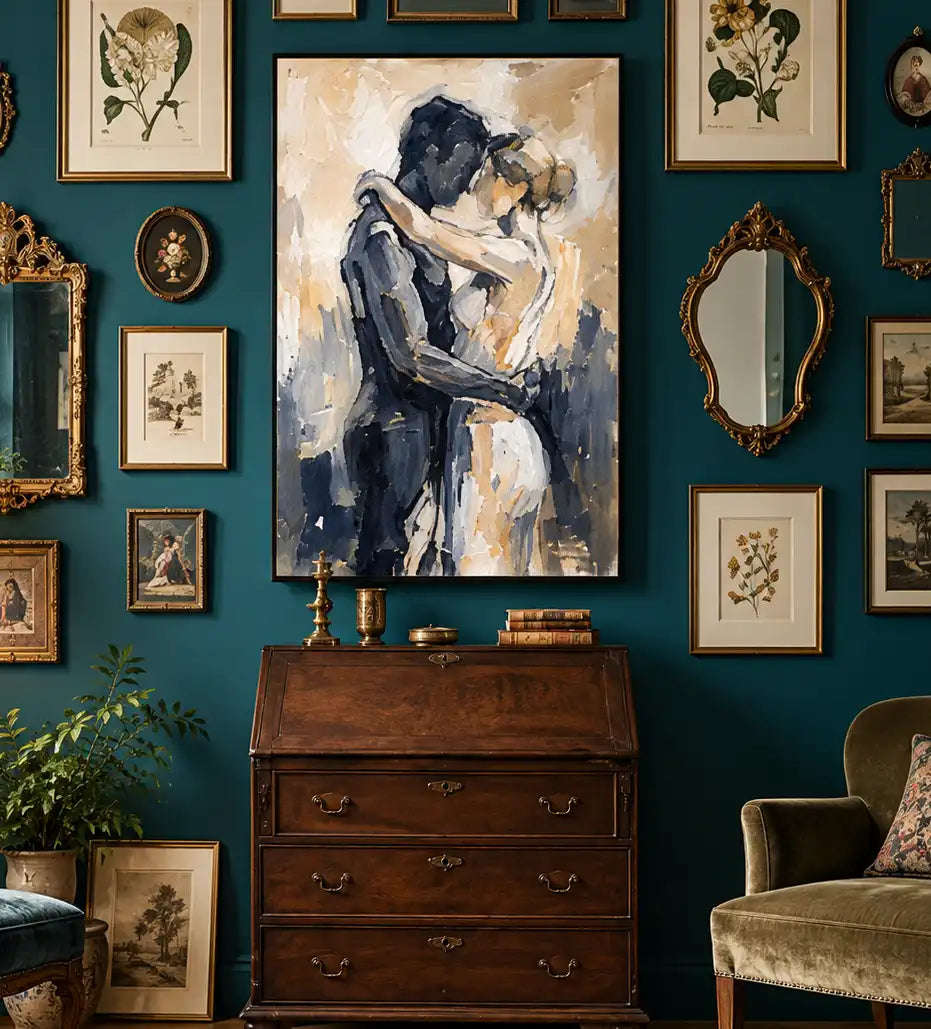 Abstract Oil Painting - Romantic Couple Embrace Textured Wall Art
