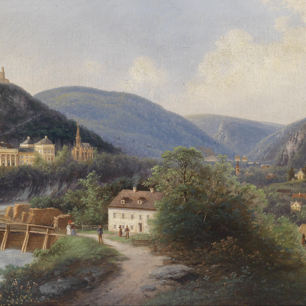 European Valley Town with Castle | Hand-Painted Landscape Oil Painting
