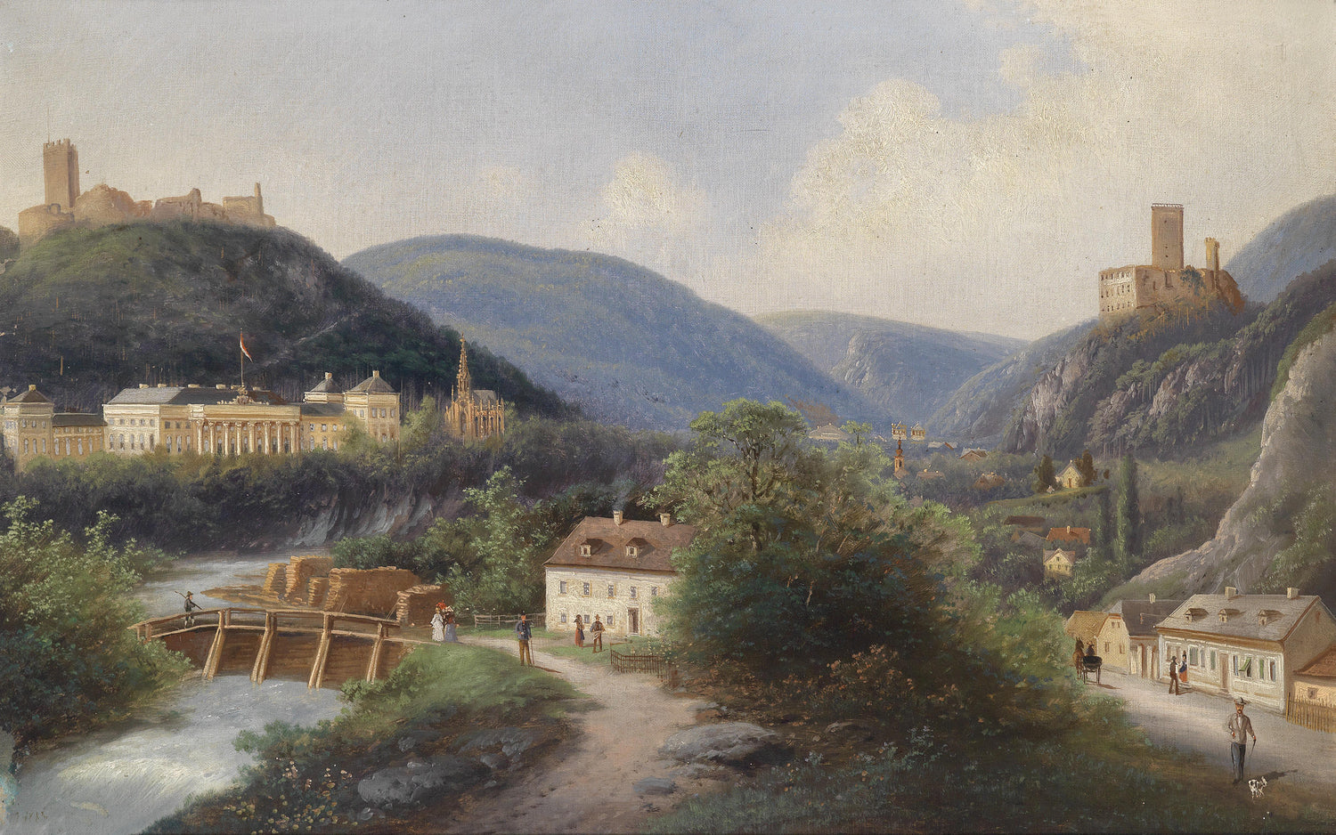 European Valley Town with Castle | Hand-Painted Landscape Oil Painting
