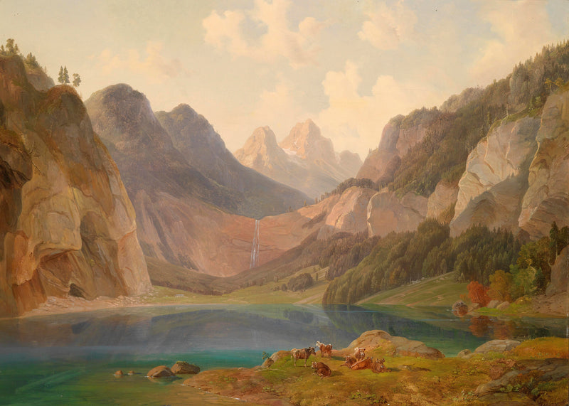 Mountain Lake Landscape Oil Painting with Alpine Valley Scene
