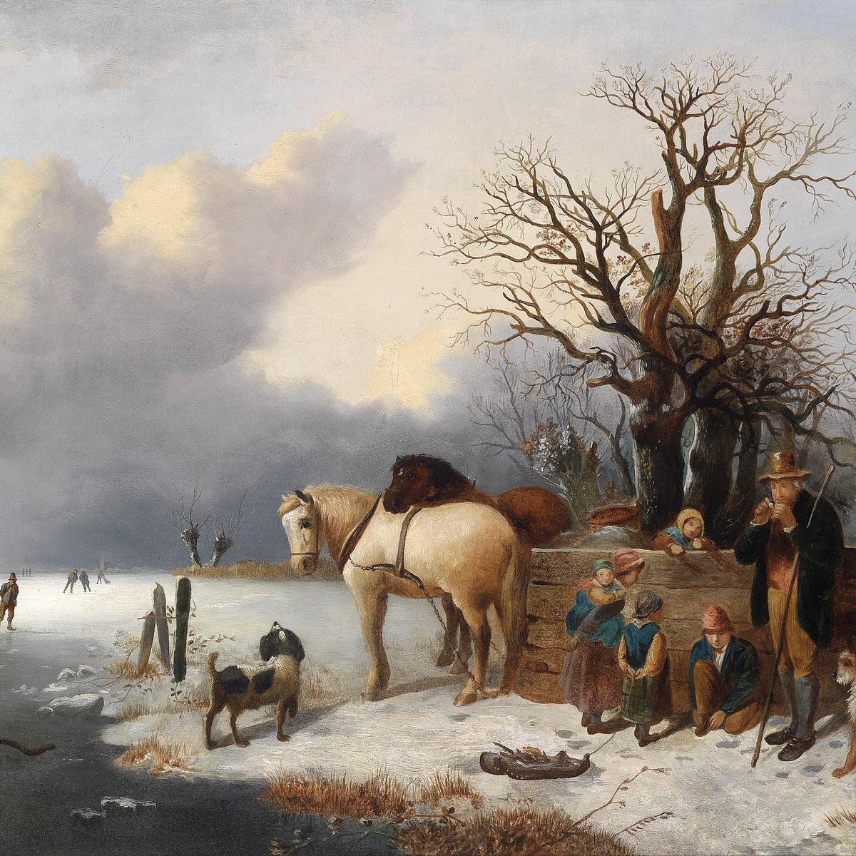Winter Riverside with Figures and Horses | Hand-Painted Oil Painting