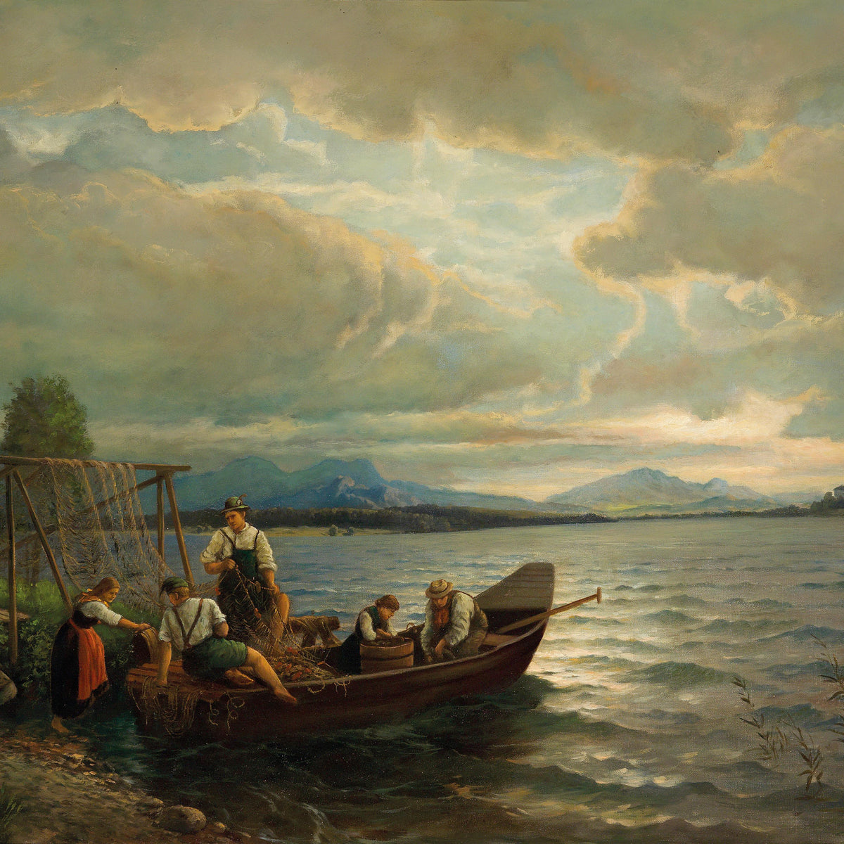 Lakeside Fishermen at Dusk | Hand-Painted European Oil Painting