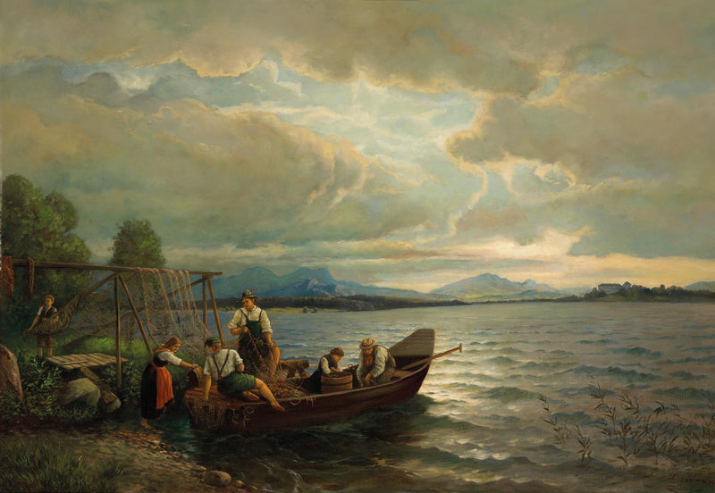 Lakeside Fishermen at Dusk | Hand-Painted European Oil Painting