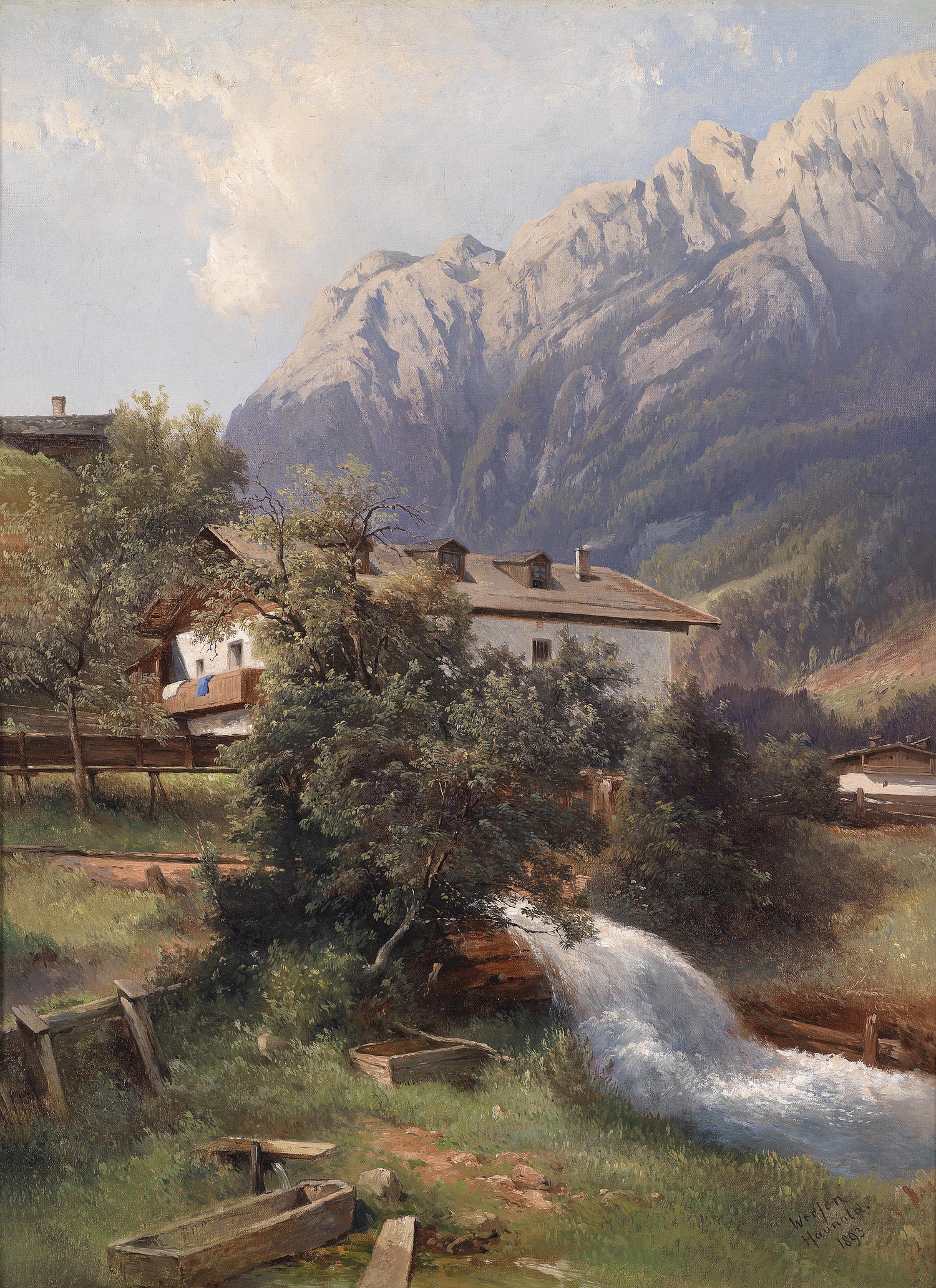 Alpine Village with Stream | Hand-Painted Landscape Oil Painting