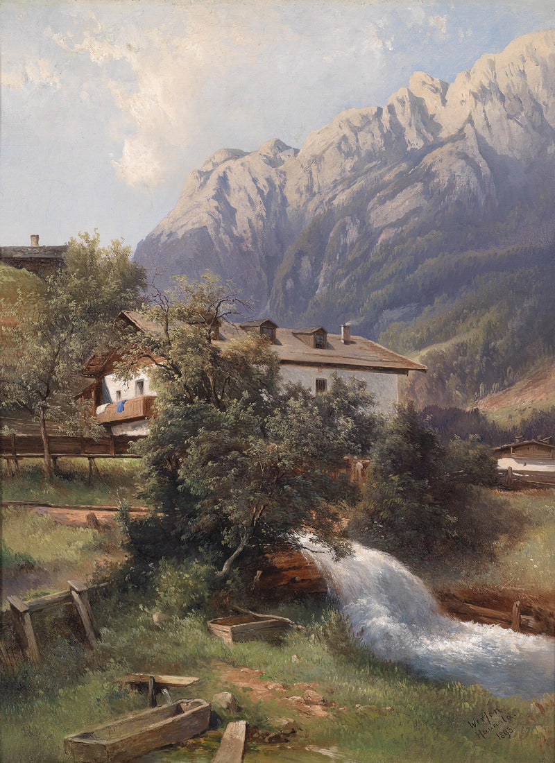 Alpine Village with Stream | Hand-Painted Landscape Oil Painting