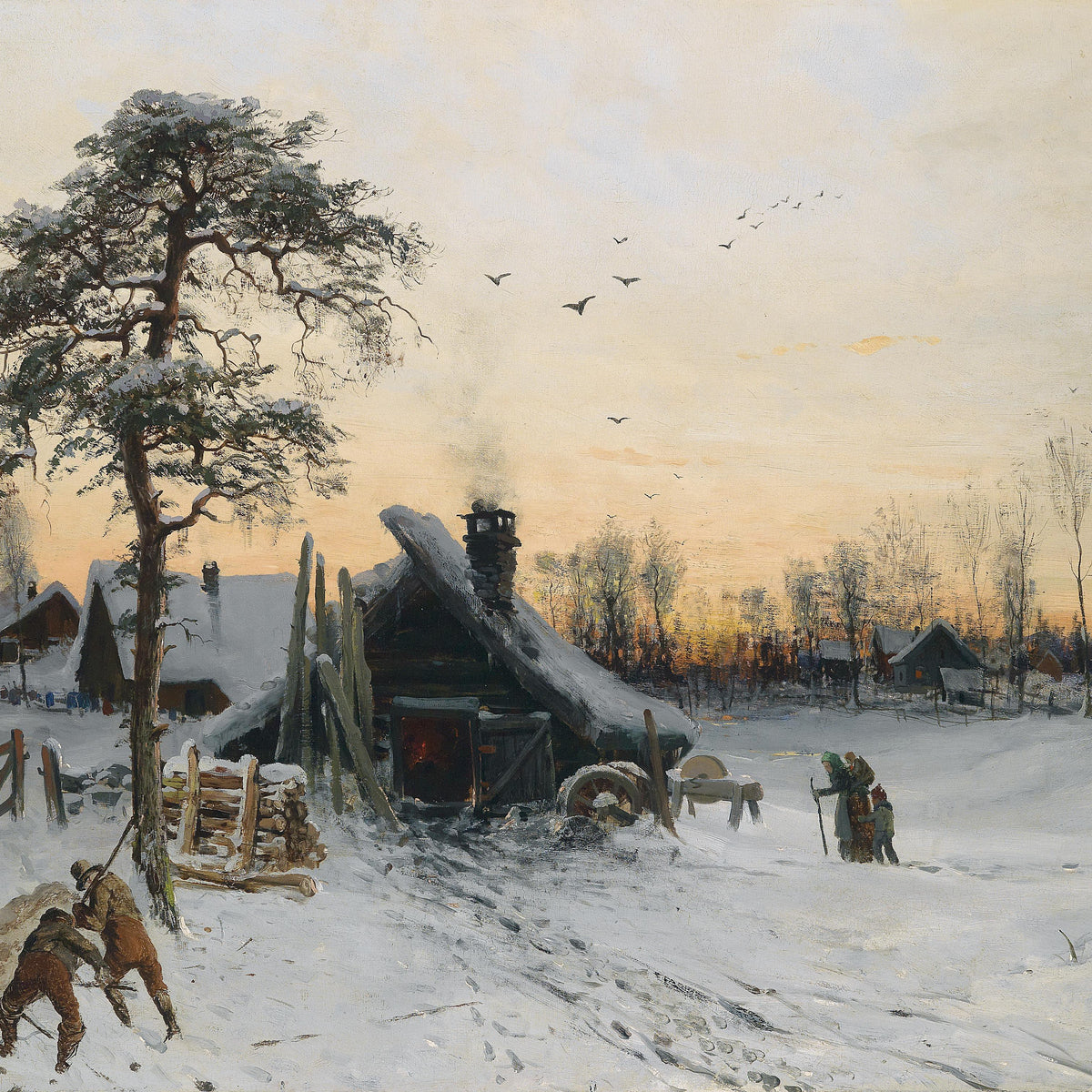 Winter Countryside Landscape Oil Painting with Rustic Snow Cabin