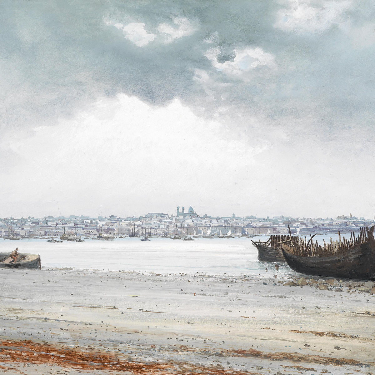 Coastal Seascape Oil Painting with Boats and Historic Harbor