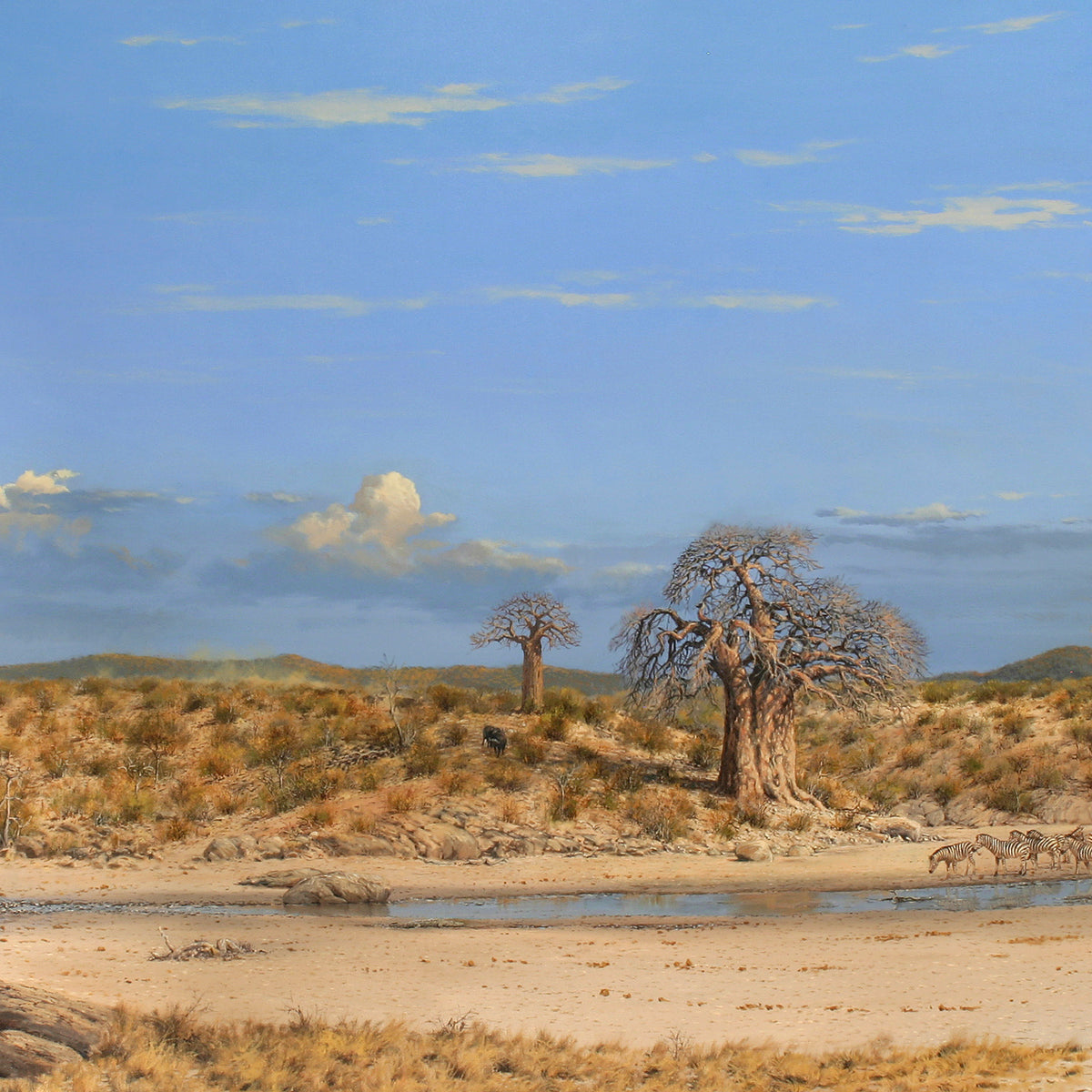 Animals Oil Painting - Hand-Painted African Wildlife Waterhole