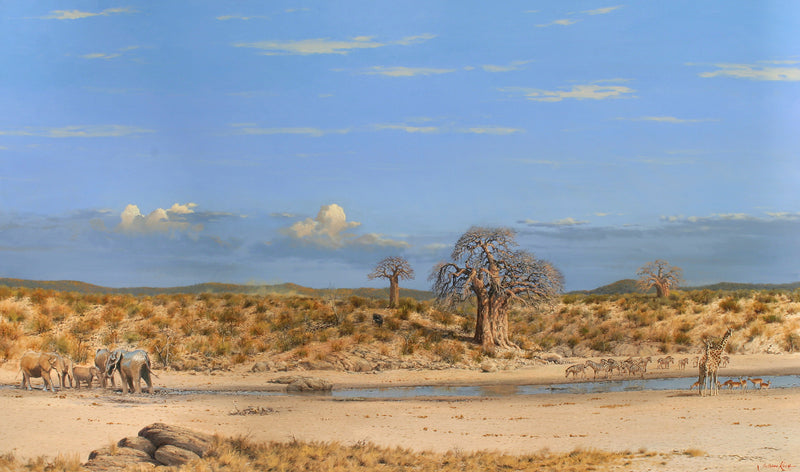 Animals Oil Painting - Hand-Painted African Wildlife Waterhole