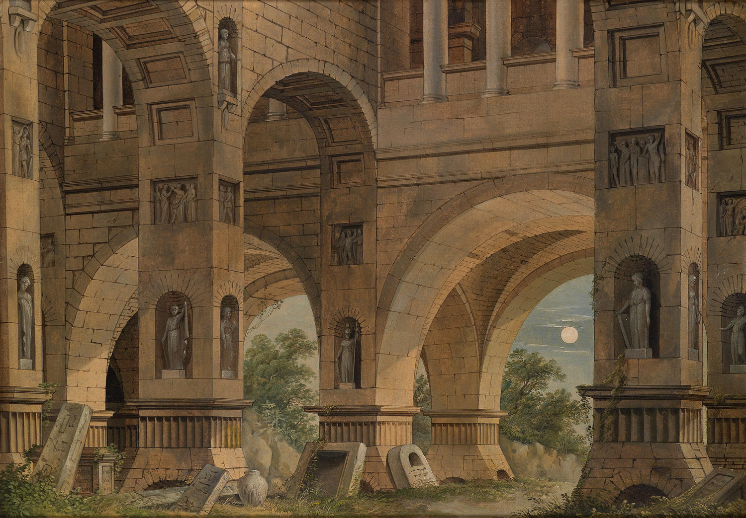 Classical Architectural Ruins Oil Painting with Arches at Moonlight