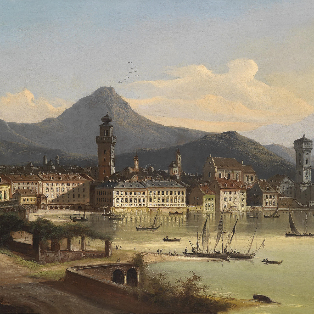 European Harbor City at Sunset | Hand-Painted Landscape Oil Painting