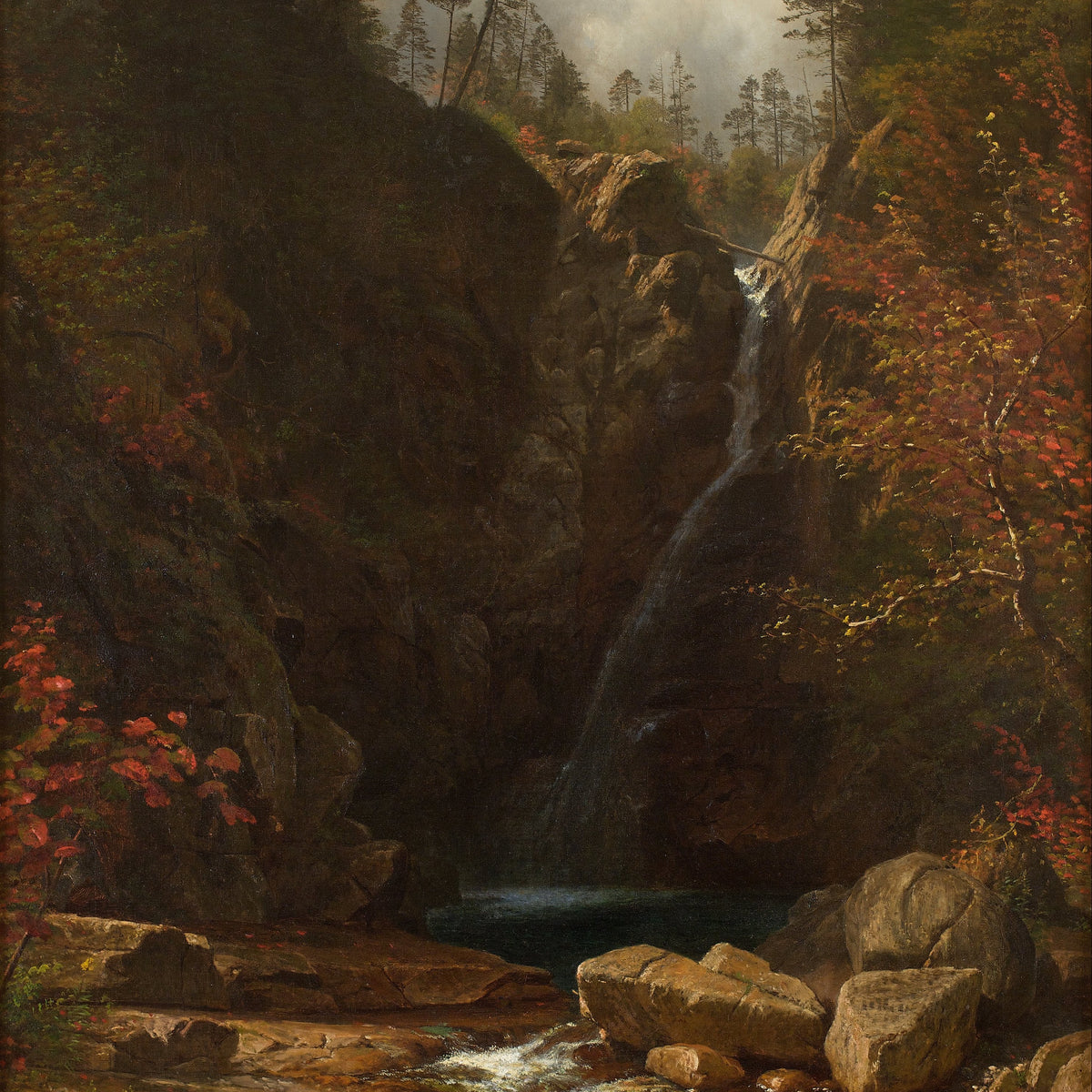 Hand-painted mountain waterfall and autumn forest landscape oil painting on canvas
