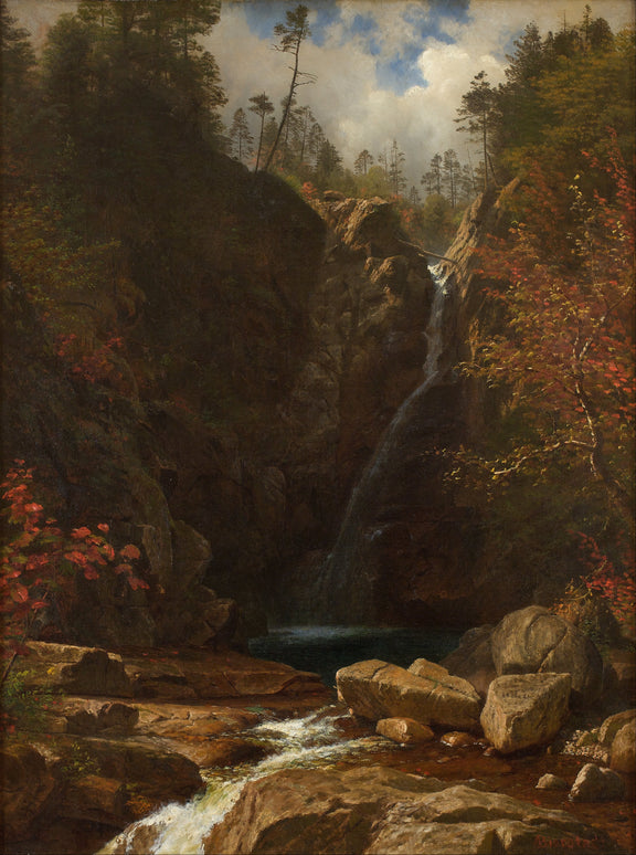 Hand-painted mountain waterfall and autumn forest landscape oil painting on canvas