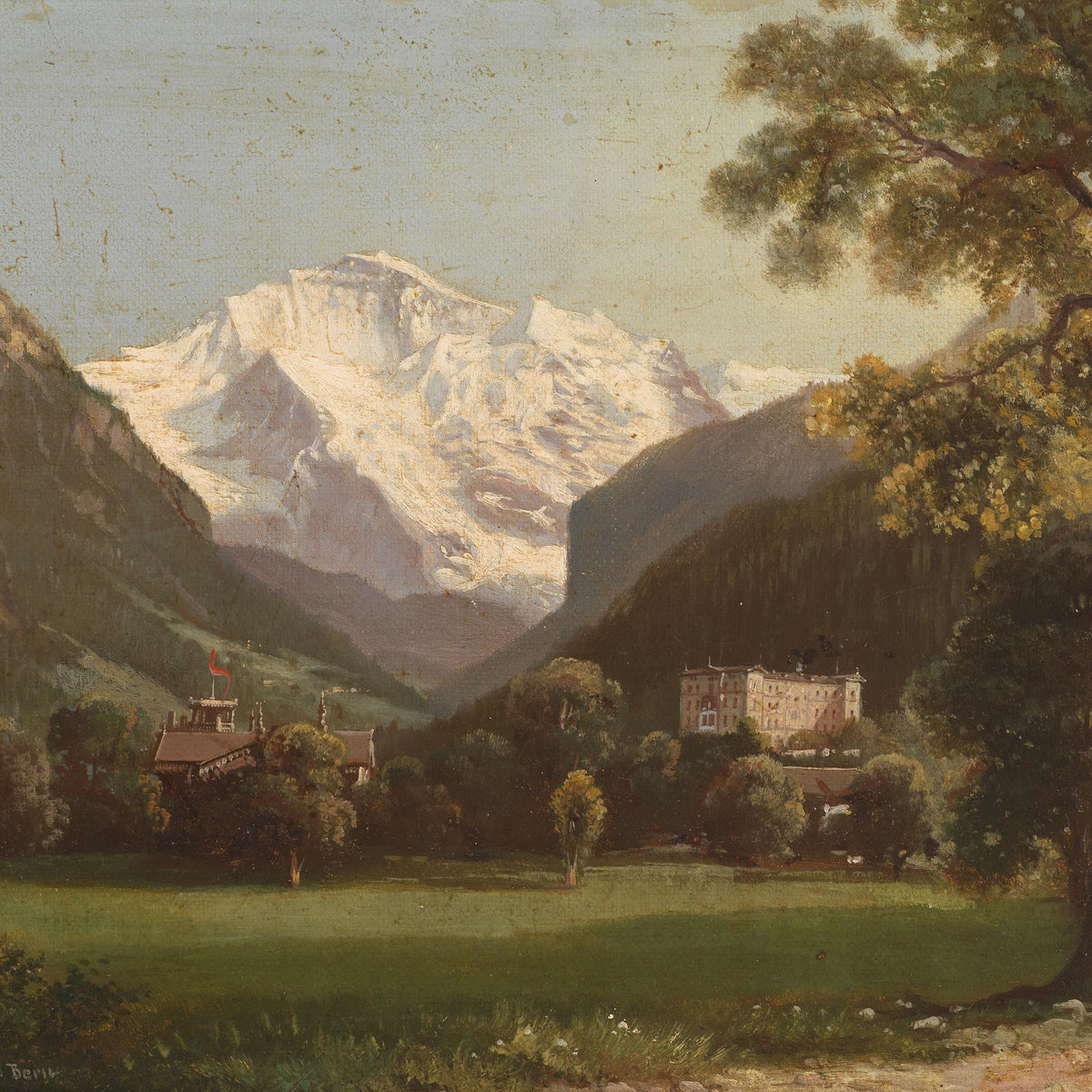 Alpine Mountain Landscape Oil Painting with Snow Peaks and Valley