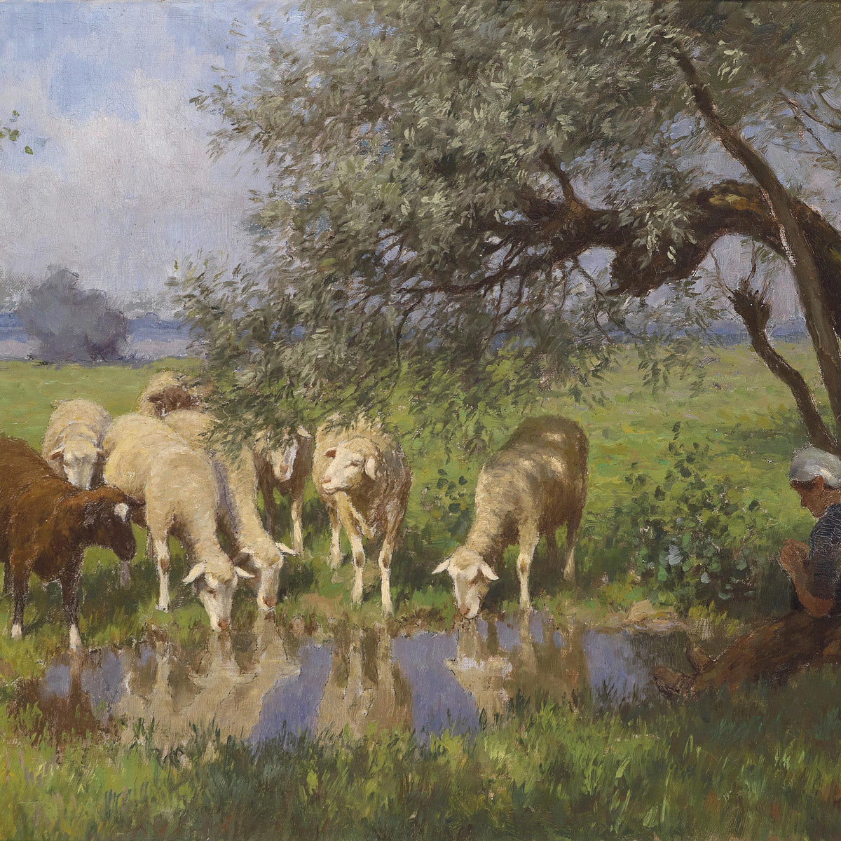 Shepherd Resting with Sheep | Hand-Painted Landscape Oil Painting