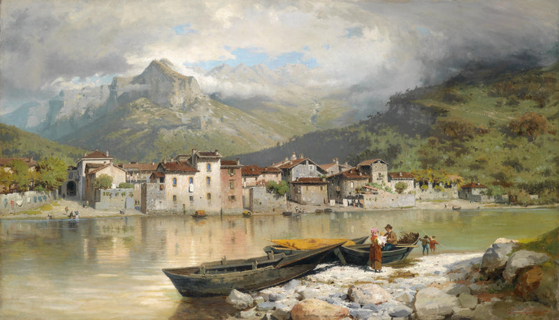 European Lakeside Village Landscape Oil Painting with Mountains