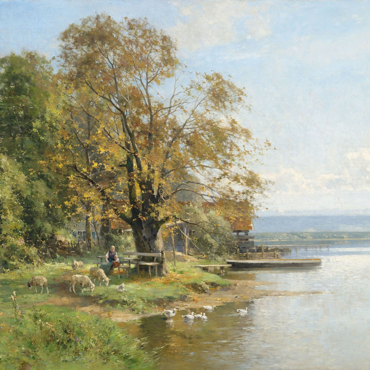 European Lakeside Village Landscape | Hand-Painted Oil Painting with Mountains