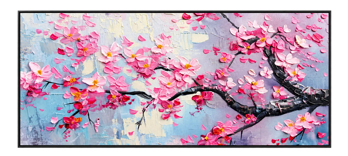 Dipinto a olio astratto - Decorazione da parete materica con fiori di ciliegio rosa