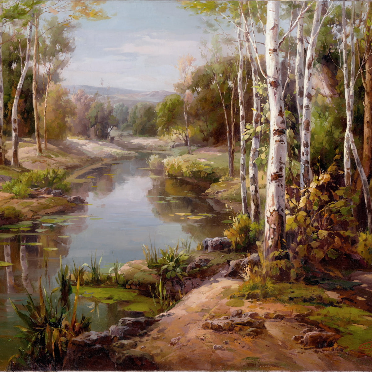 Landscape Oil Painting - Birch tree forest stream & woodland waterway