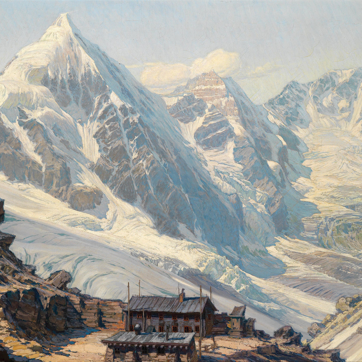 Snowy Alpine Peaks with Mountain Lodge | Hand-Painted Oil Painting