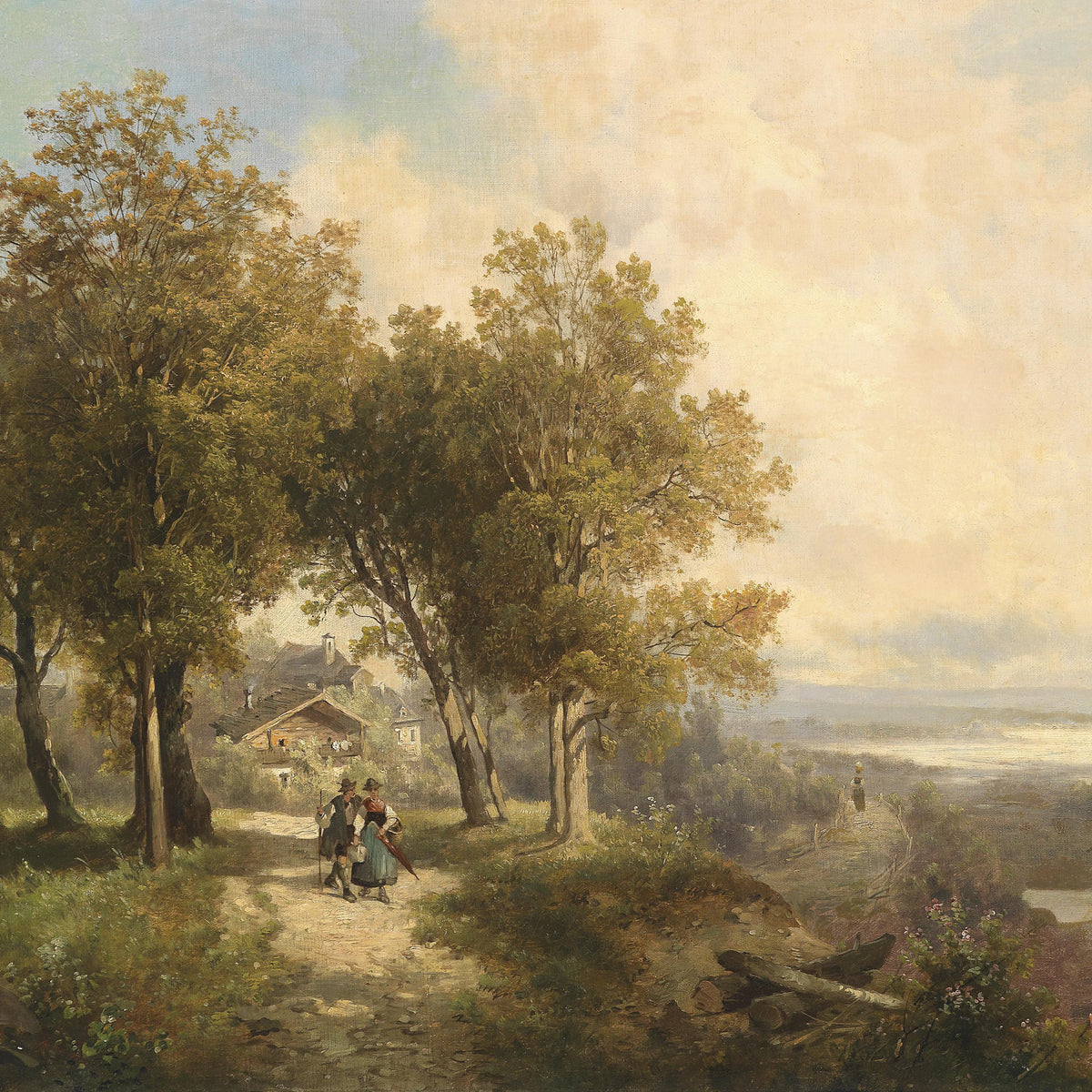 Country Path with Figures, Trees | Hand-Painted Landscape Oil Painting